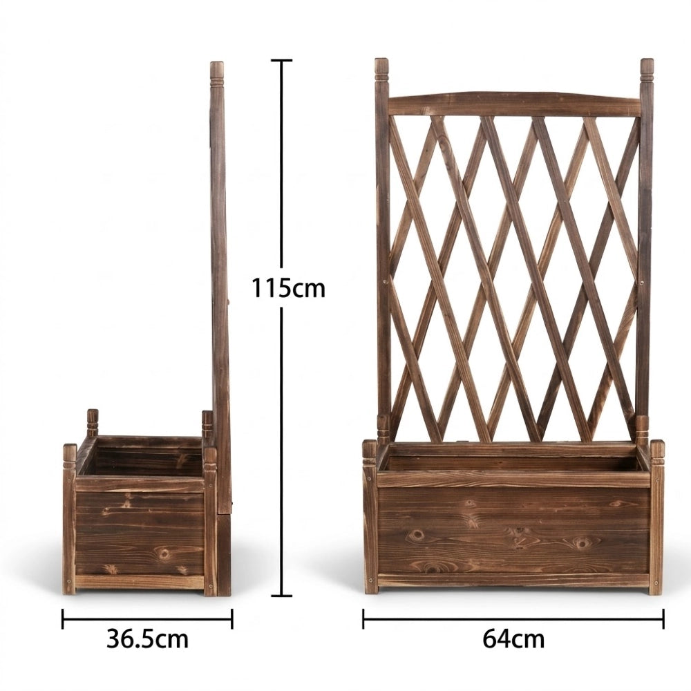 Jardinière avec treillis en bois brun, comparaison des tailles S et L, 76 cm et 115 cm de hauteur