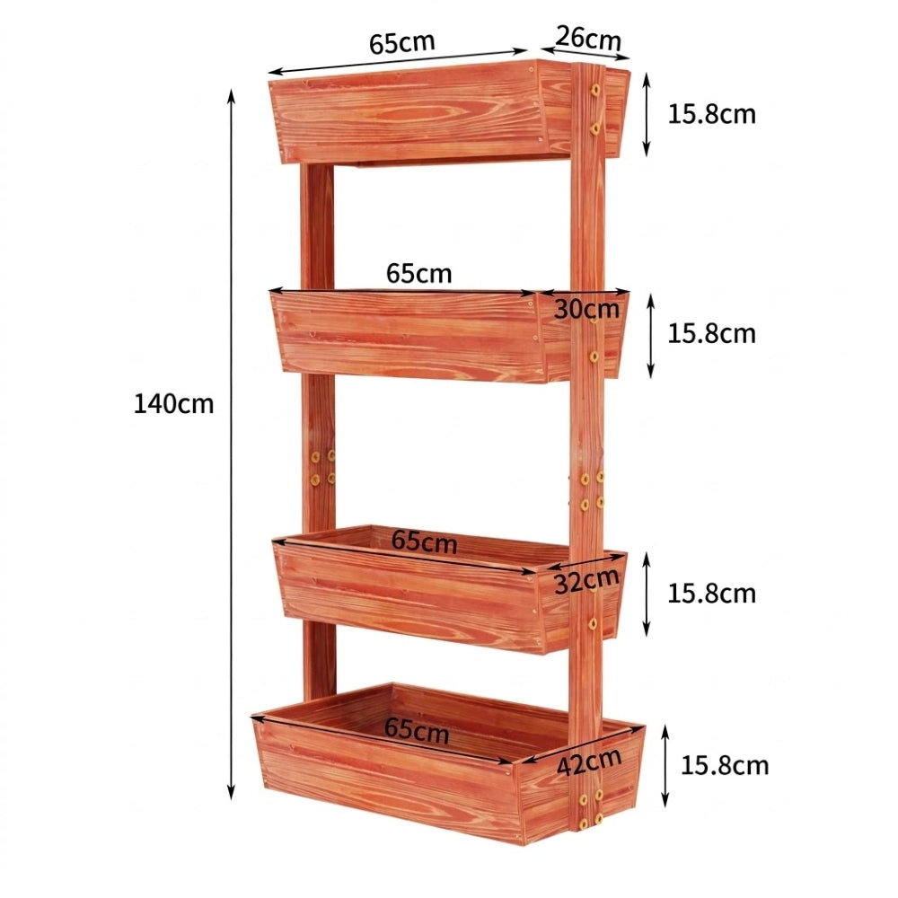 Jardinière verticale en bois brun rougeâtre, schéma des dimensions des 4 bacs amovibles et de la hauteur totale
