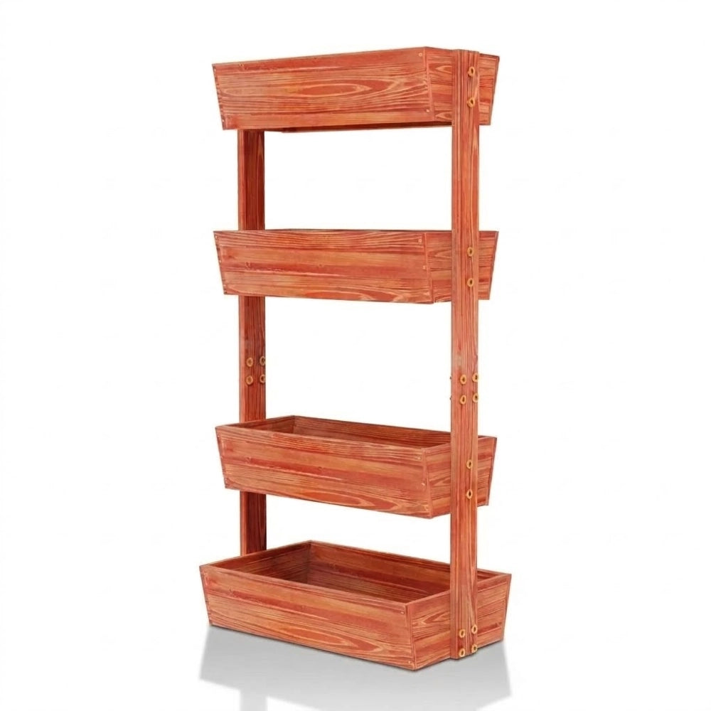 Jardinière verticale en bois brun rougeâtre, 4 bacs amovibles vides, vue produit sur fond blanc