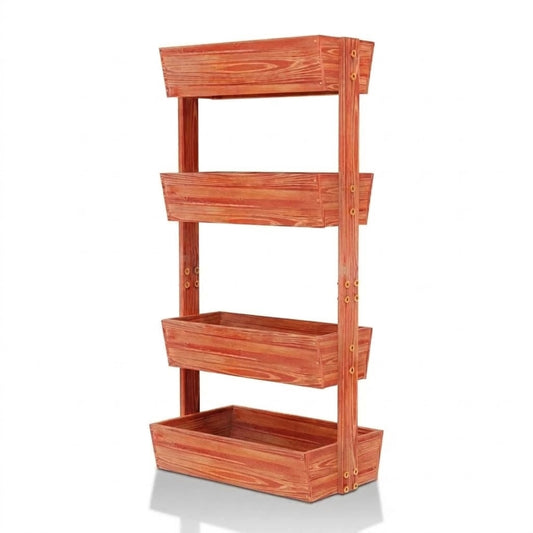 Jardinière verticale en bois brun rougeâtre, 4 bacs amovibles vides, vue produit sur fond blanc