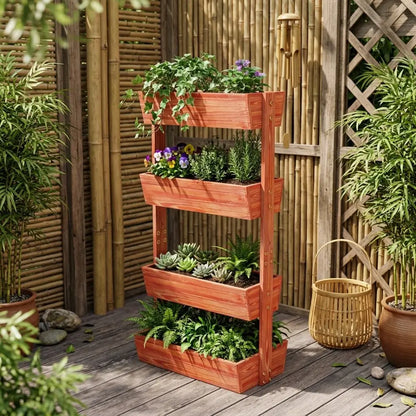 Jardinière verticale en bois brun rougeâtre, 4 bacs amovibles plantés de fleurs et d'herbes sur une terrasse