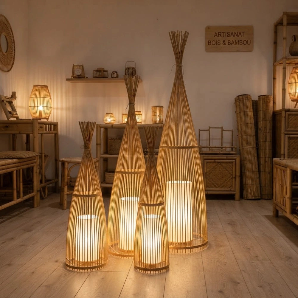 Quatre lampadaires bambou à baguettes de hauteurs différentes allumés