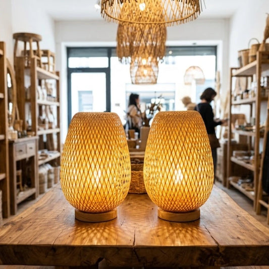 Deux lampes de chevet bambou ovoïdes allumées sur une table en bois