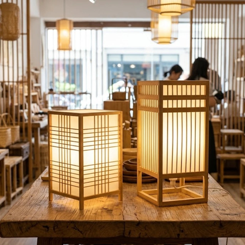 Deux lampes de chevet bambou shoji allumées sur une table en bois