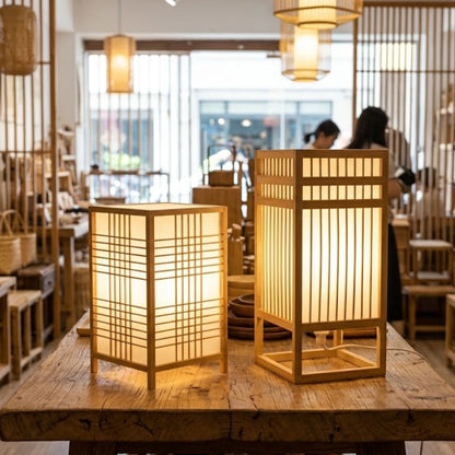 Deux lampes de chevet bambou shoji allumées sur une table en bois