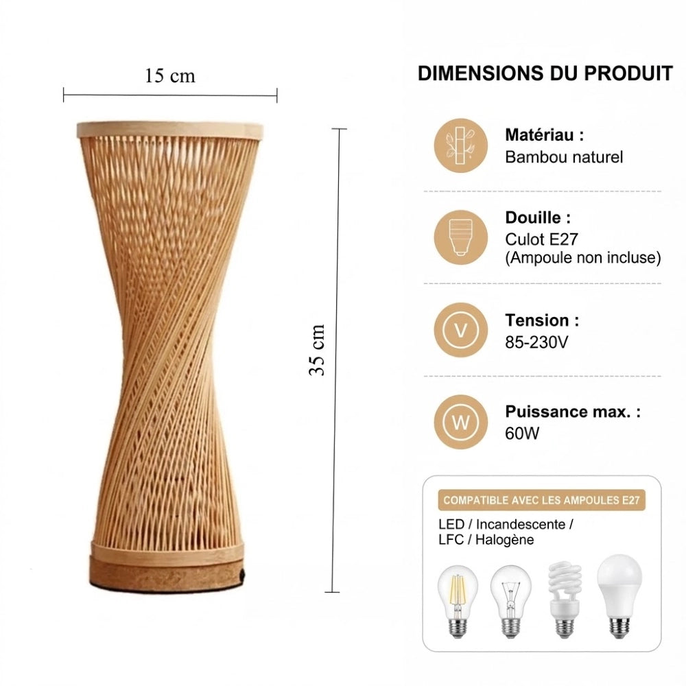 Dimensions de la lampe en bambou torsadée : 15 cm de diamètre, 35 cm de haut