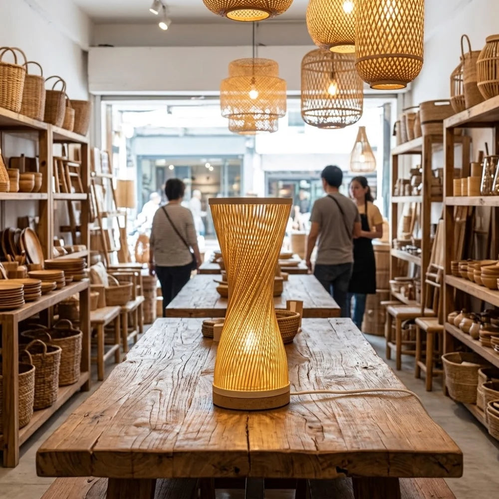 Lampe en bambou torsadée en sablier allumée sur une table en bois