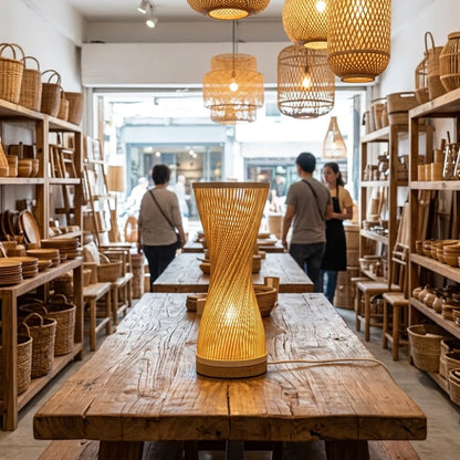 Lampe en bambou torsadée en sablier allumée sur une table en bois