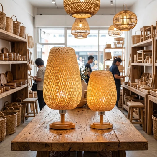 Deux lampes de chevet tressées sur pied en bois allumées sur une table