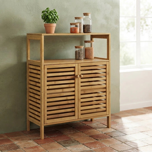 Meuble bambou 2 portes à persiennes dans une cuisine au mur vert sauge