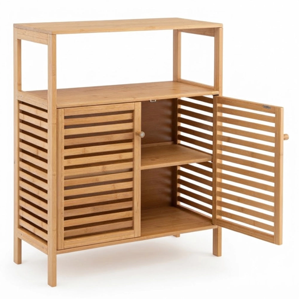 Meuble de salle de bain en bambou sur pied 2 portes persiennes sur fond blanc