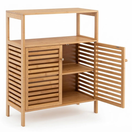 Meuble de salle de bain en bambou sur pied 2 portes persiennes sur fond blanc