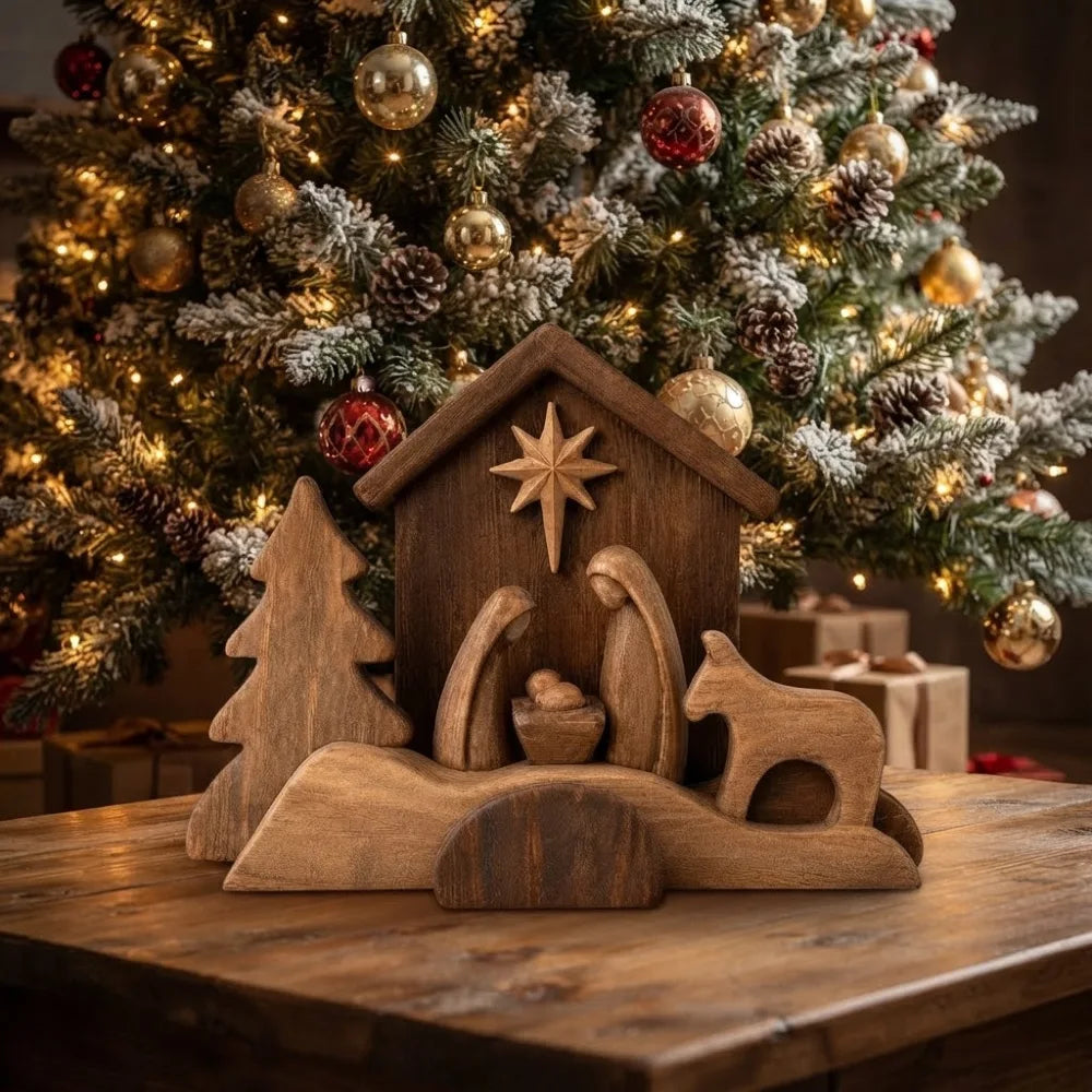 Mini crèche de Noël en bois au pied d'un sapin décoré