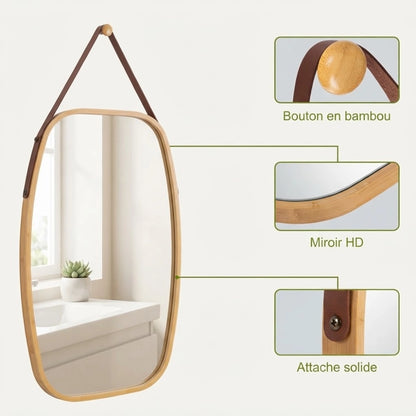 Détails du miroir bambou : bouton en bambou, cadre fin et attache