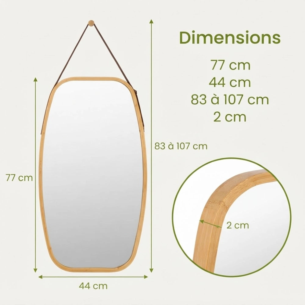 Dimensions du miroir en bambou suspendu 77 par 44 cm et sa sangle