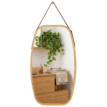 Miroir bambou forme ovale à sangle effet cuir sur fond blanc