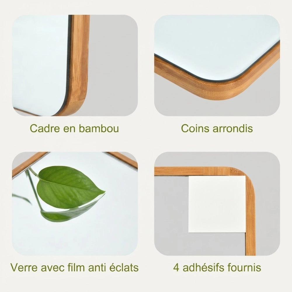 Détails du miroir bambou : cadre fin, coins arrondis et adhésifs