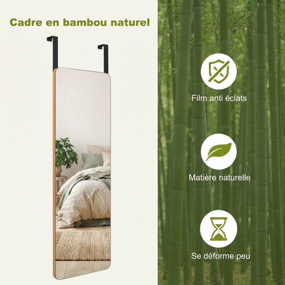 Miroir de porte à cadre en bambou naturel et film anti éclats