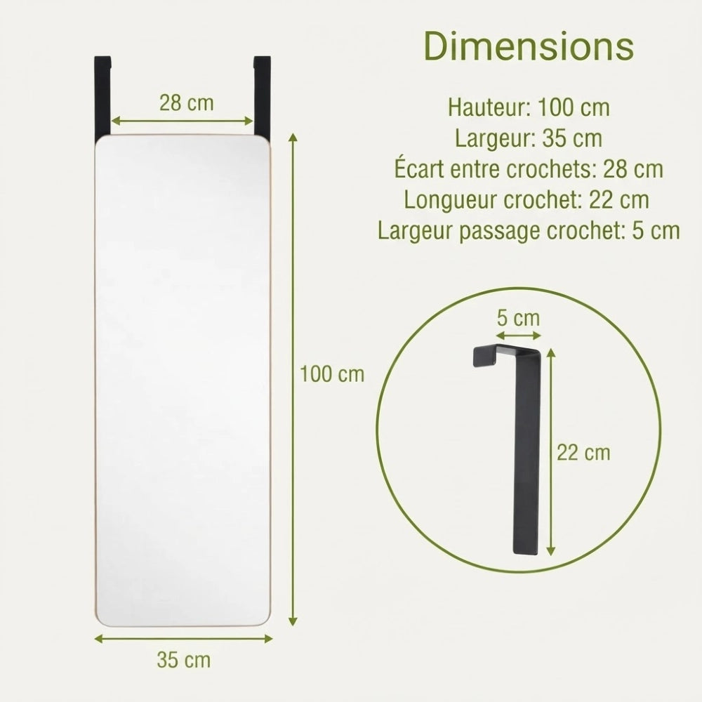 Dimensions du miroir de porte bambou 100 par 35 cm et de ses crochets