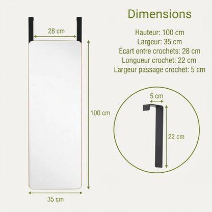 Dimensions du miroir de porte bambou 100 par 35 cm et de ses crochets