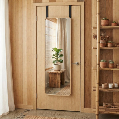 Miroir de porte bambou suspendu sur une porte en bois clair