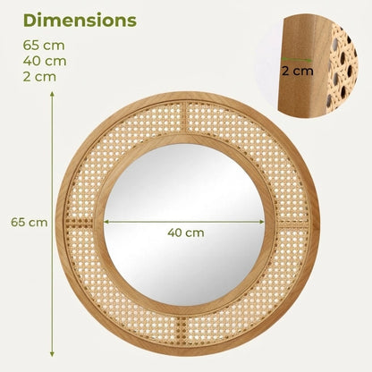 Dimensions du miroir rond effet rotin 65 cm avec glace de 40 cm