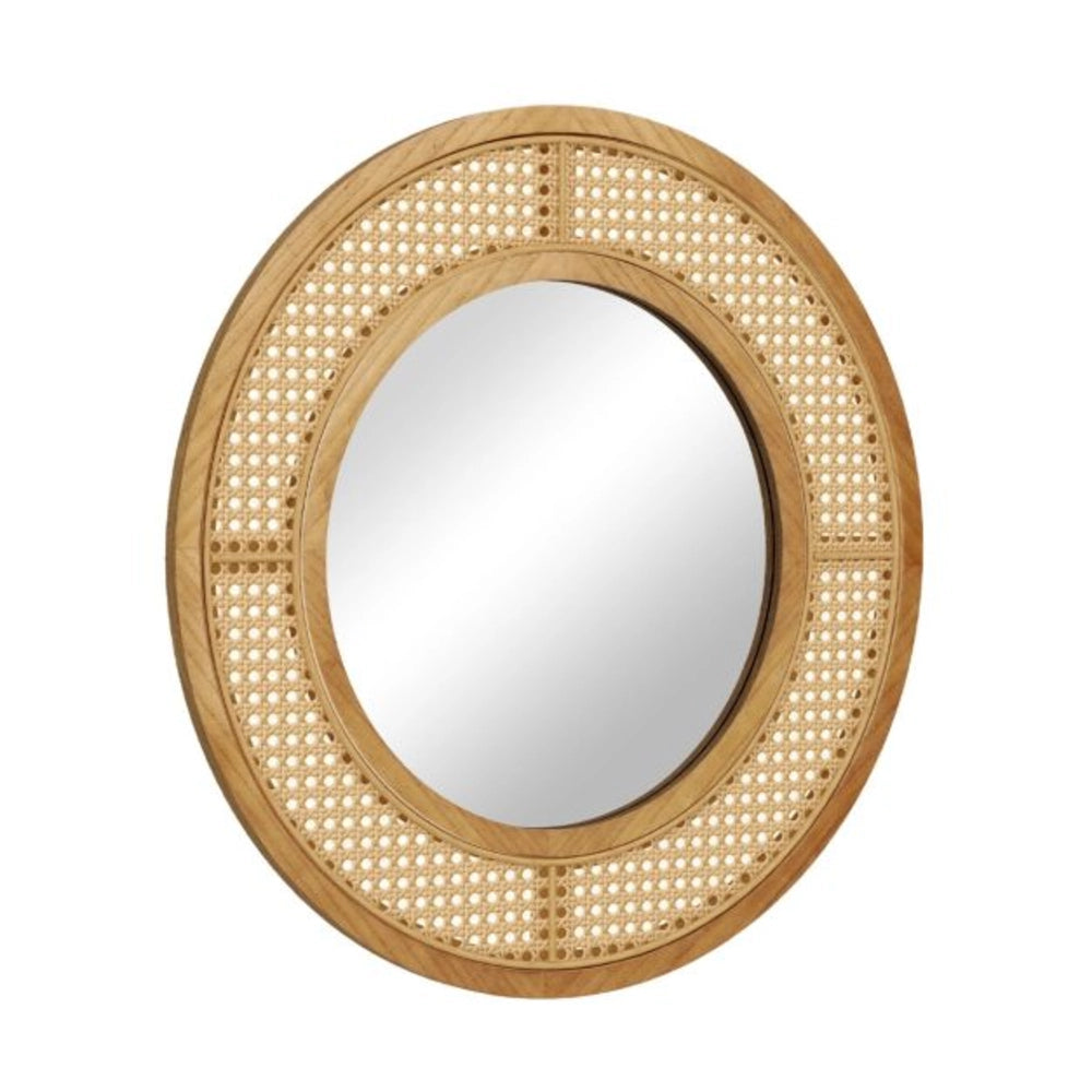 Miroir rond effet rotin tressé et cadre couleur bois sur fond blanc
