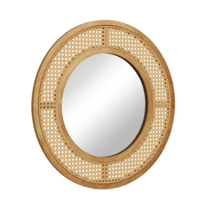 Miroir rond effet rotin tressé et cadre couleur bois sur fond blanc