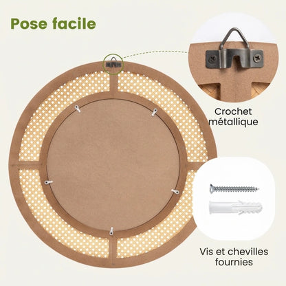 Dos du miroir rond effet rotin avec crochet métallique et vis fournies