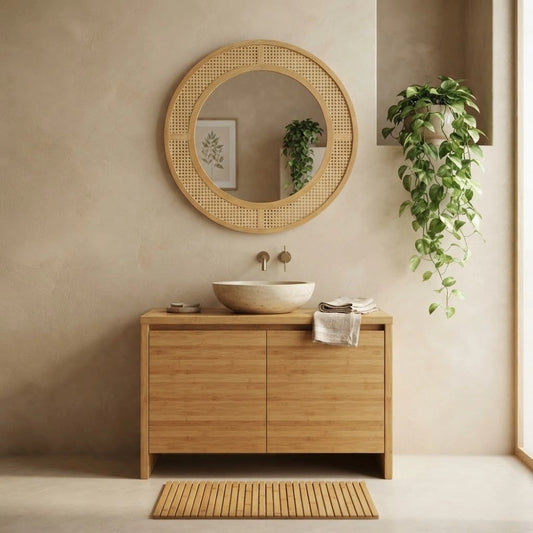 Miroir rond cannage effet rotin dans une salle de bain zen en bambou