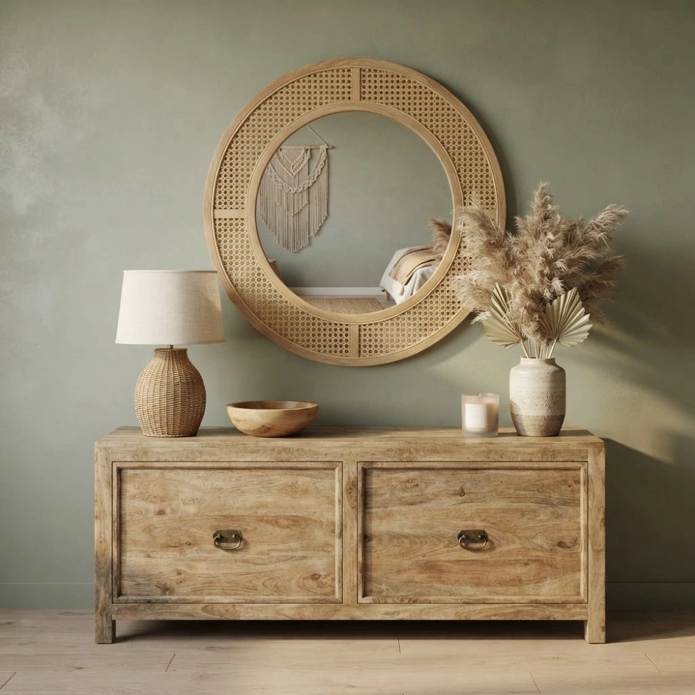 Miroir rond effet rotin 65 cm au dessus d'une commode en bois de manguier