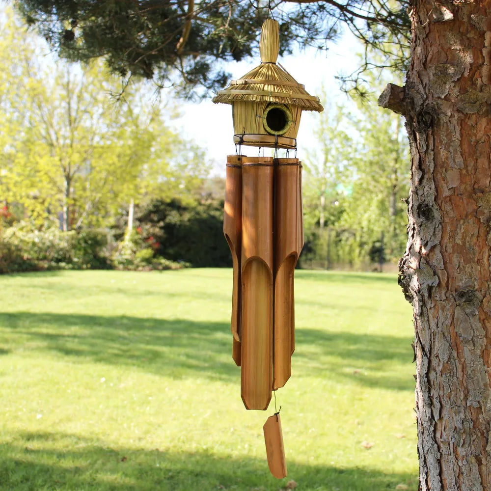 Nichoir à oiseaux en jonc avec carillon en bambou à 6 tubes, grande taille, suspendu à un arbre de jardin