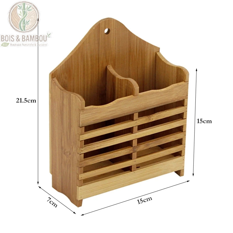 Organisateur couverts bambou modele large dimensions 15x7xH21,5cm fond blanc, Bois et Bambou Eco.