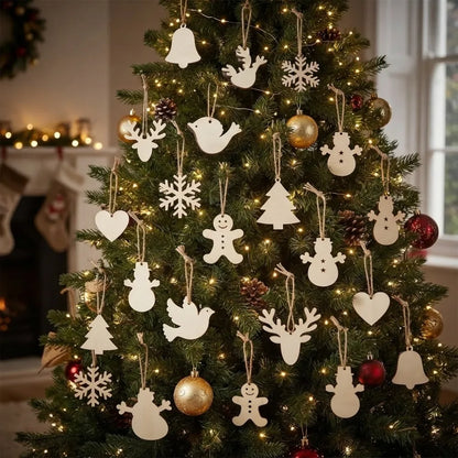 Ornements de Noël en bois brut suspendus à un sapin décoré