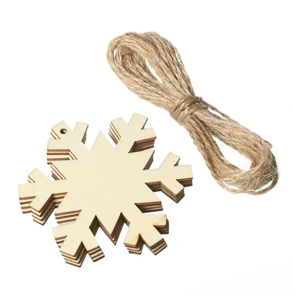 Lot de 10 flocons de neige en bois avec ficelle en jute