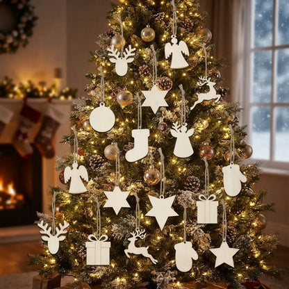 Décoration de sapin en bois avec ornements à peindre variés