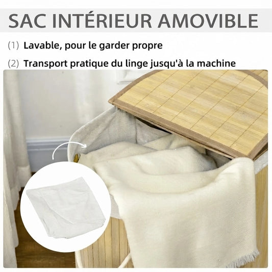 Sac intérieur amovible et lavable du panier à linge double en bambou
