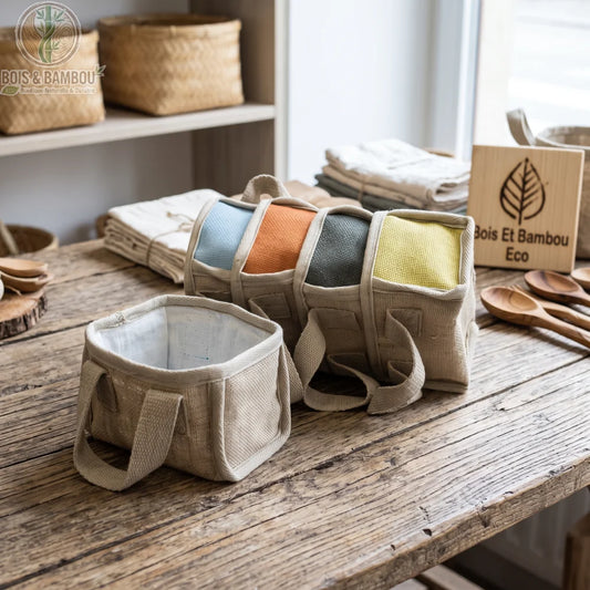 Quatre paniers de courses en toile de jute tressée, coloris bleu sarcelle, curcuma, charbon et olive, en situation dans une boutique