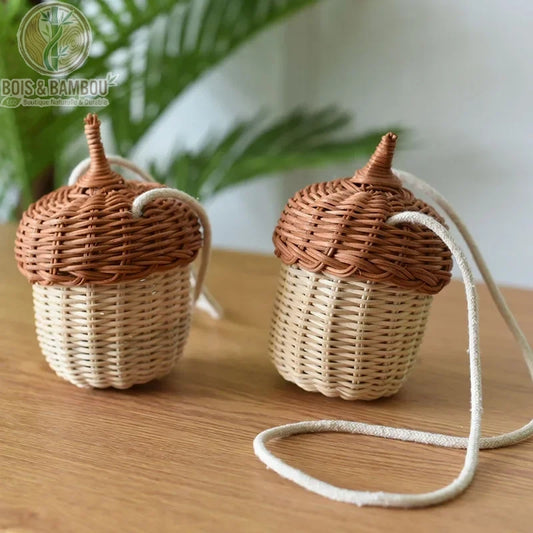 Panier gland en rotin tressé, lot de 2, naturel et brun, cordon bandoulière, Bois Et Bambou Eco