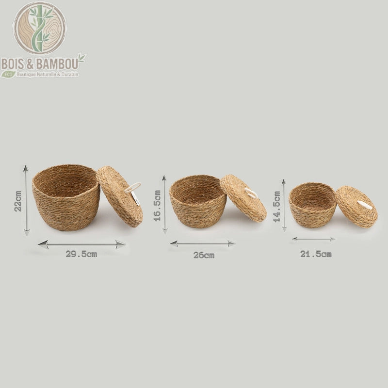 Schéma des dimensions des trois paniers : 29,5, 26 et 21,5 cm de diamètre