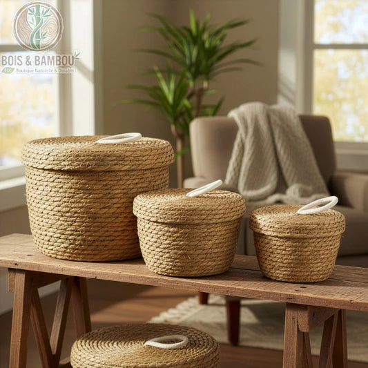 Trois paniers de rangement ronds à couvercle en jonc de mer posés en décor de salon