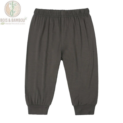 Pantalon léger bébé en fibre de bambou coloris gris foncé, ceinture élastique souple et bas resserré, coupe unisexe – Bois Et Bambou Eco