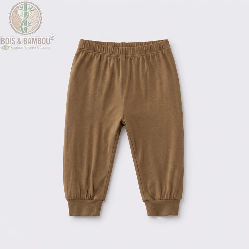 Pantalon bébé bambou marron à plat, ceinture élastique souple et douce