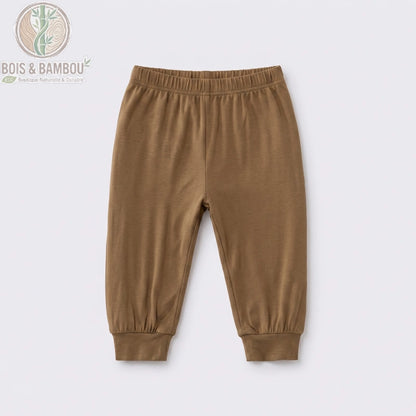 Pantalon bébé bambou marron à plat, ceinture élastique souple et douce