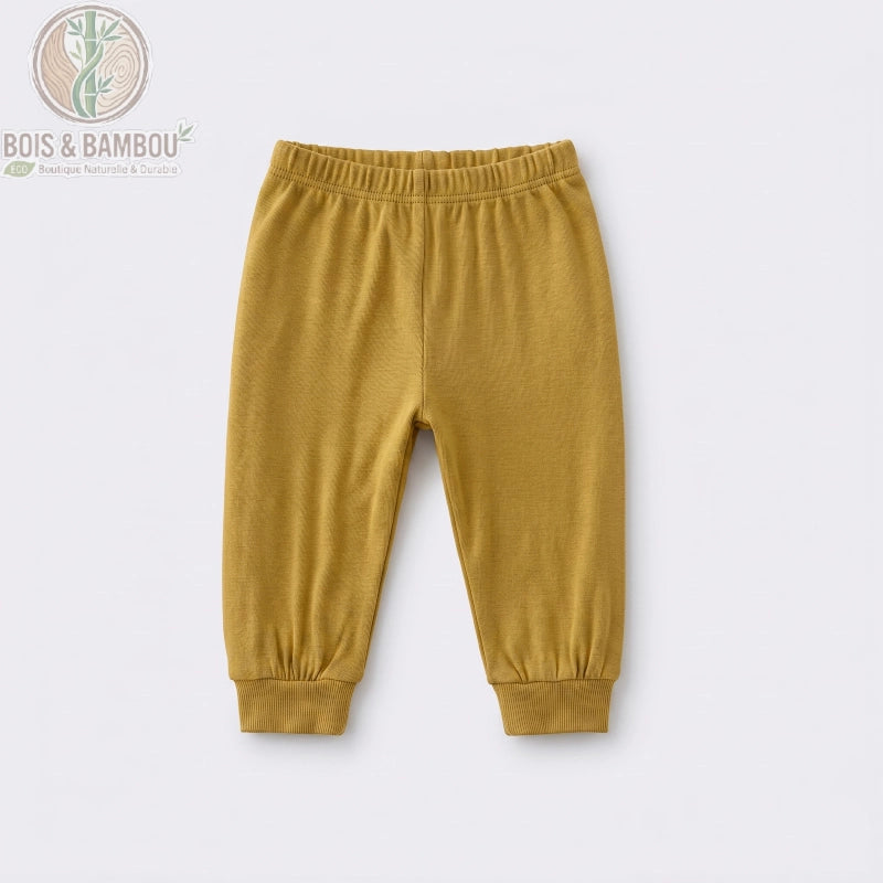 Pantalon bébé bambou moutarde à plat, fibre respirante pour l'été 3 mois-3 ans