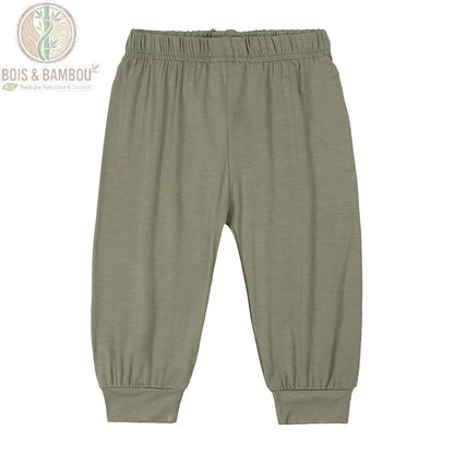 Pantalon léger bébé en fibre de bambou coloris vert kaki, ceinture élastique souple et bas resserré, coupe unisexe – Bois Et Bambou Eco