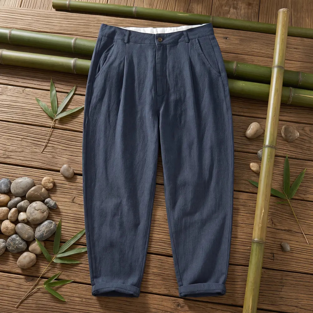Pantalon cargo bambou homme bleu marine, vue de face à plat