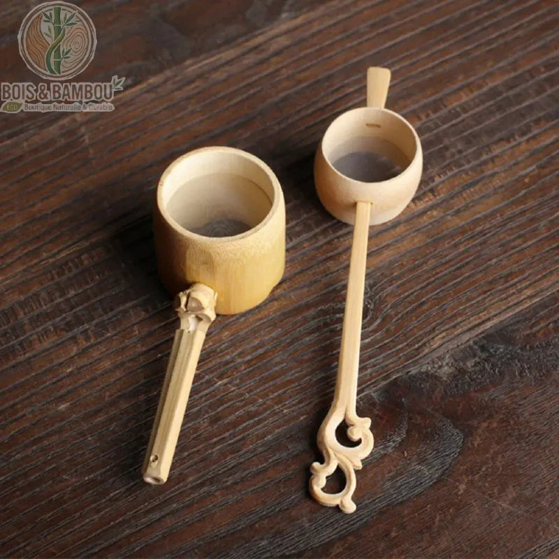 Passoire the bambou duo, deux infuseurs artisanaux manches sculptes sur bois sombre, Bois et Bambou Eco