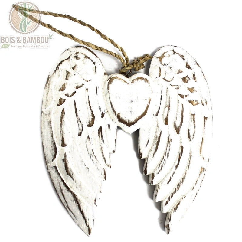 Petite double aile d'ange et cœur en bois d'albesia, vue de face sur fond blanc