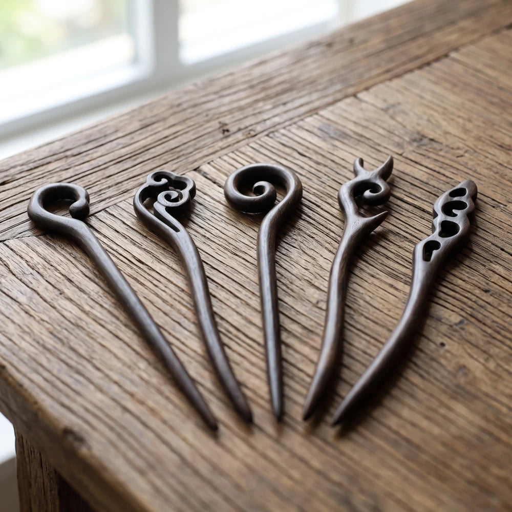 Pic à cheveux bois de santal, plusieurs modèles à têtes sculptées variées, présentés en éventail sur bois